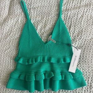 Green knit ruffle spaghetti strap top